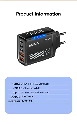 Зарядное устройство 240W (2×USB+3×Type-C, PD)  - фото 2