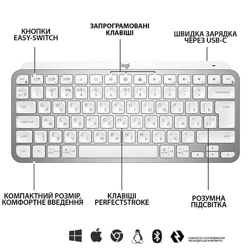 Клавіатура Logitech MX Keys Mini Minimalist Wireless US Pale Grey 920-010499 - фото 6