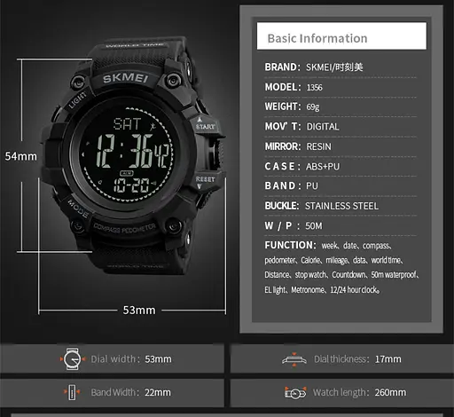 Cпортивний годинник Skmei 1356 Compass з компасом тактичні удароміцні (Чорний) - фото 5