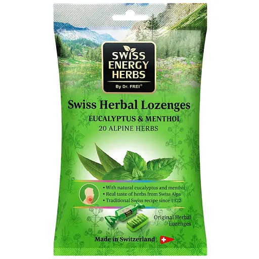 Льодяники від застуди Swiss Energy Herbal Lozenges Bag 20 herbs + Eucalyptus and Menthol від кашлю, болю в горлі та закладеності носа, 20 альпійських трав, ментол та евкаліпт 12 трав'яних льодяників (55 г) - фото 1