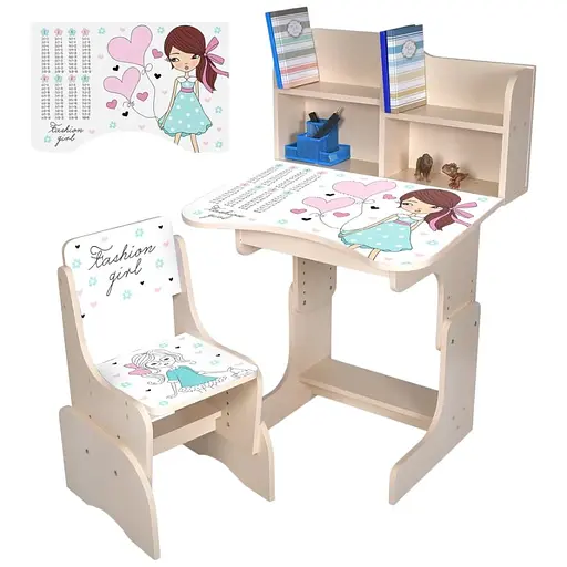 Дитяча парта Bambi N 2071-8-2 Fashion Girl з таблицею множення та стільчиком світлий венге