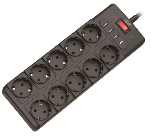 Подовжувач-фільтр мережевий 2E 10xТип F, 3x1.5мм кв, 16A, з захистом від перенапруги, 3xUSB-A, 1xUSB-C, 3м, чорний - фото 1