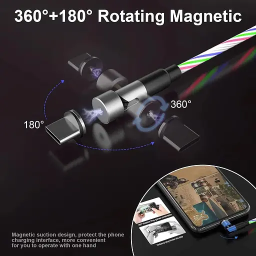 Магнитный зарядный кабель Light Up, совместимый с Samsung Galaxy S23 S22 S21 S20 S10E S9 S8 Plus Note 20 540° - фото 4