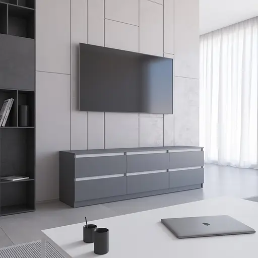 Тумба під телевізор Vays R-12 Антрацит-Білі планки, 6 шухляд без ручок, ЛДСП, 180×40×53 см