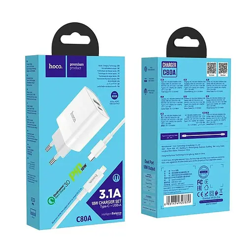 Сетевое зарядное устройство Hoco C80A Rapido PD20W+QC3.0 charger set(Type-C to Type-C) 3.1A 1m белый - фото 2