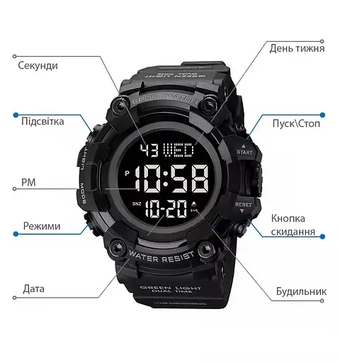 Тактичний чоловічий годинник Skmei 1968 Чорний з чорним циферблатом - фото 4