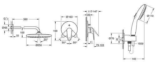 Душова система прихованого монтажу Grohe Euroeco з Tempesta 250 UA2939200L, Хром - фото 12
