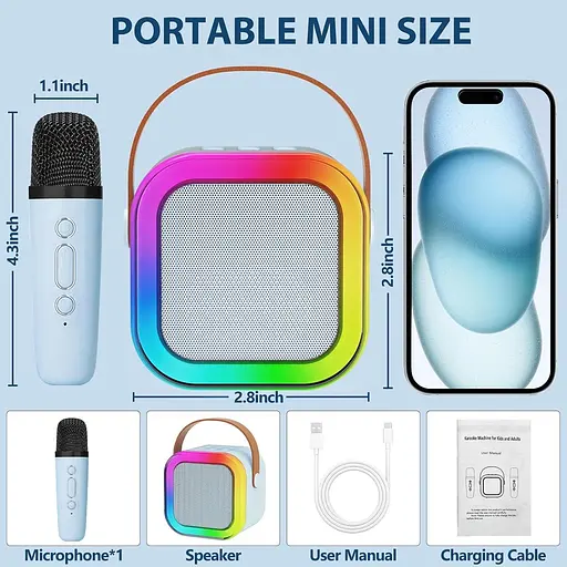 Караоке-машина для дітей та дорослих з 1 бездротовим мікрофоном, портативний Bluetooth-динамік з ефектами - фото 6