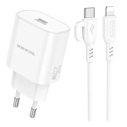 Сетевое зарядное устройство с кабелем Borofone BA82A Platinum single port PD25W charger set (C to iP) (EU) белый - фото 1