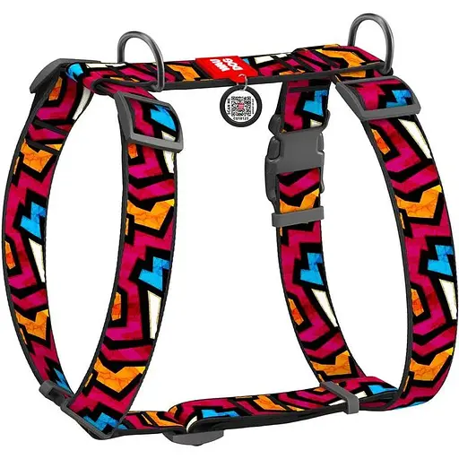 Шлея для собак Waudog Nylon анатомічна H-подібна з QR-паспортом, малюнок "Графіті", пластиковий фастекс, XL