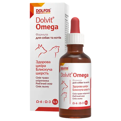 Вітамінно-мінеральна добавка Dolfos Dolvit Omega для здоров'я шкіри та шерсті собак та котів 50 мл (1409-50)