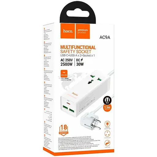 Мережевий фільтр HOCO AC9A на 1 розетку + 2 USB + USB-C, 30W, 220В, кабель 1.5 м, White, Box - фото 4