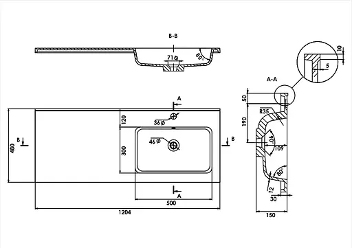 Раковина глянцева врізна Amidicon Rodeo 120R 1200x480 з литого каменю RODEO_120R_HL, Білий - фото 6