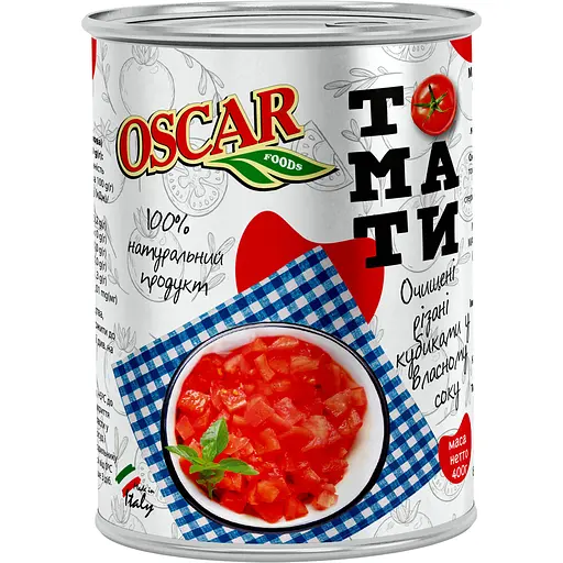 Томати Oscar Очищені різані кубиками у власному соку 400 г (949630)
