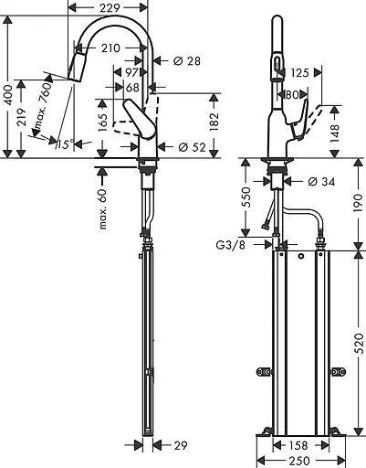 Смеситель для кухни Hansgrohe Focus M42-H220 2Jet с выдвижным изливом Sbox хром 71820000 Хром - фото 5