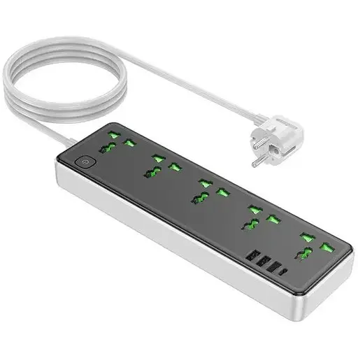 Подовжувач мережі Hoco AC13A на 5 розеток 3USB/1Type-C 10A 250V 1.5 м 2500W чорний
