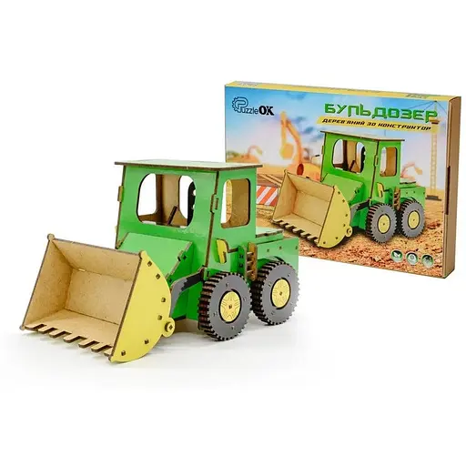 Детский деревянный 3D конструктор Бульдозер PuzzleOk Puz-26918 91 деталь - фото 1