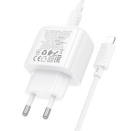 МЗП Hoco CS55A Surplus PD30W+QC3.0 (1USB-A/1C) + кабель Type-C to Lightning White - фото 7