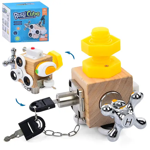 Бизикуб 6в1, 14x13x11 см, спиннер, колесо, ключ, винт, выключатель, замок+ключ, замок, 15x13.5x11 см