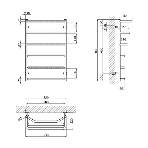 Полотенцесушитель водяной Kroner Каскад трапеция ДКТ05 800x530/6 CV017230, Хром, нижнее - фото 2