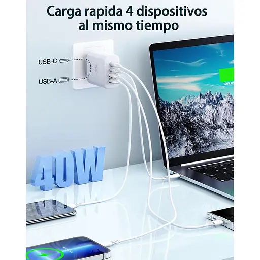 Швидкий зарядний пристрій USB C, 40 Вт 4 порти двопортовий PD+QC - фото 5