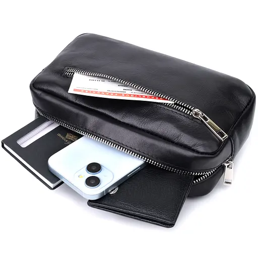 Прямокутна сумка-бананка для чоловіків із натуральної глянсової шкіри SHVIGEL 21х11х5,5 см sum0027510 - фото 8