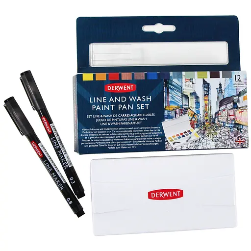 Набір Line and Wash Paint Pan 12 кольорів+пензель з резервуаром+2 лінери Derwent - фото 2