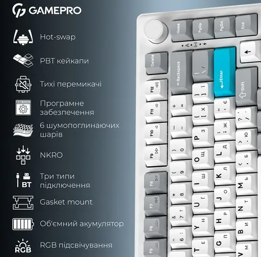 Клавиатура игровая механическая GamePro MK-266-WH Asgard Yord Keychron Super Red Switch Bluetooth 5.2/2.4 ГГц/USB White - фото 18