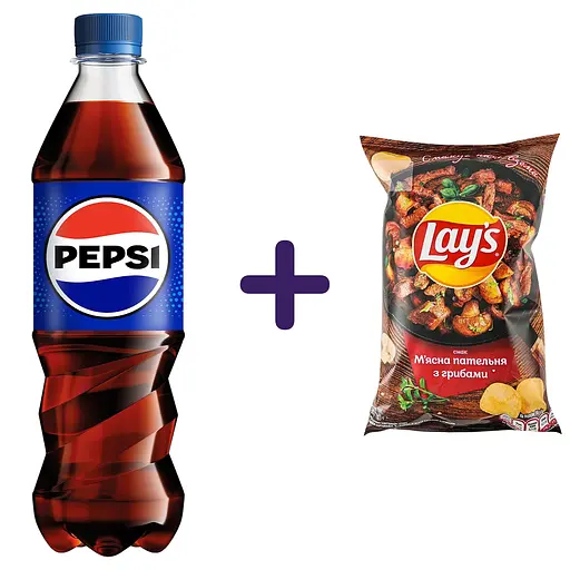 Набір: напій Pepsi Cola безалкогольний сильногазований 0.5 л + чипси Lay's м'ясна пательня з грибами 60 г - фото 1