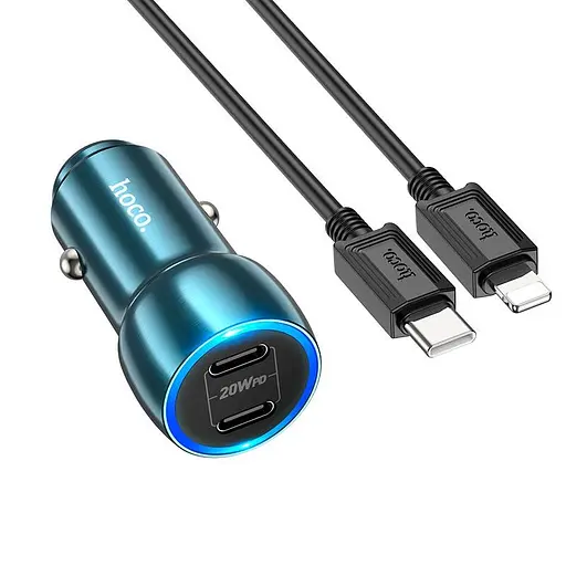 Автомобильный зарядный адаптер Hoco Z48 Tough dual port car charger + C to L синий кабель - фото 1