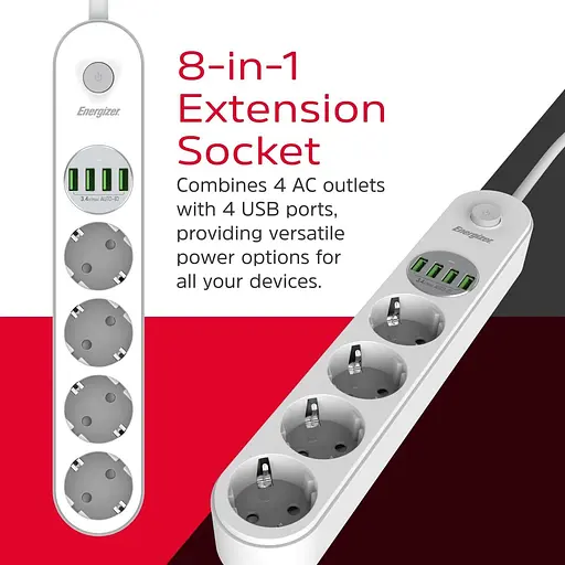 Мережевий фільтр Power filtr 2.0м 4 розетки, 4xUSB 3.4A, з заземленням білий (EPB2500W00EU) - фото 10