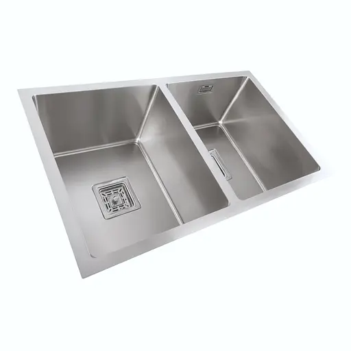 Кухонная мойка на две чаши Platinum Handmade HSB 75x45 нержавейка (квадратный сифон 3.0/1.0 мм, монтаж под столешницу), Нержавеющая сталь - фото 3