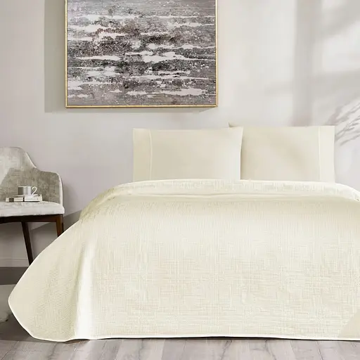 Постельное белье с жаккардовым покрывалом-пике Vignes White / простыня на резинке Tac pbe0051415 - фото 1