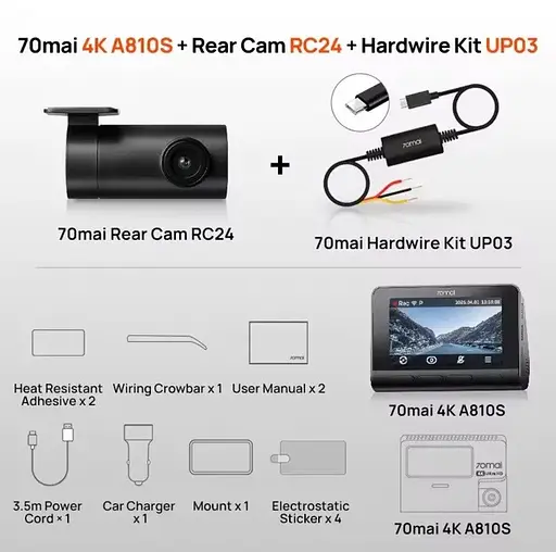 Видеорегистратор Xiaomi 70mai HDR Dash Cam 4K A810S+RC24 камера - фото 4