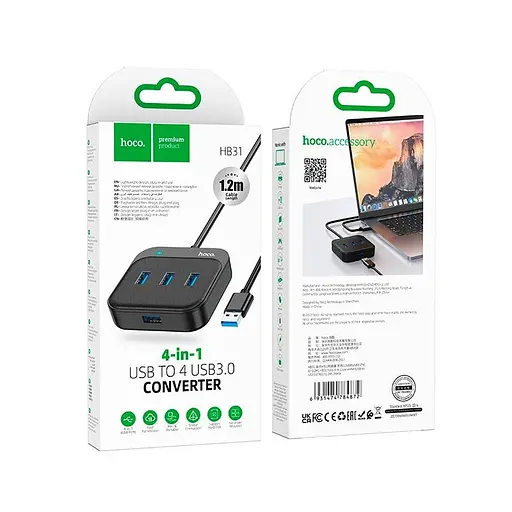 Разветвитель адаптер хаб Hoco HB31 Easy 4-in-1 converter (Usb to Usb3.0x4) кабель 120 см - фото 4