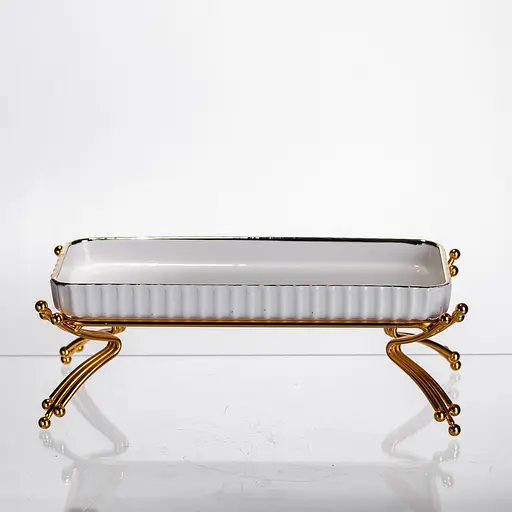 Фарфоровое сервировочное блюдо на металлической подставке 37×18×5 (см) блюдо для подачи закусок Белый с золотом Yiwu LB-1566G - фото 2