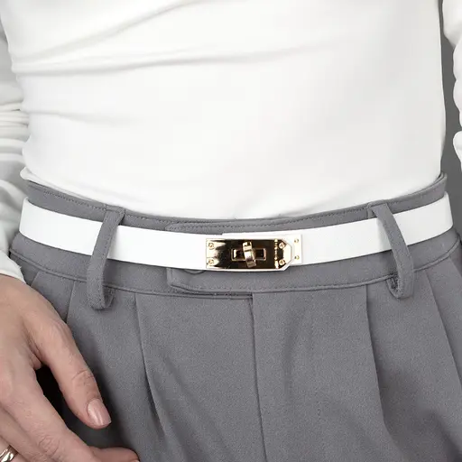 Ремень женский белый кожаный узкий JK-2031 с золотой пряжкой (110 см) - фото 6