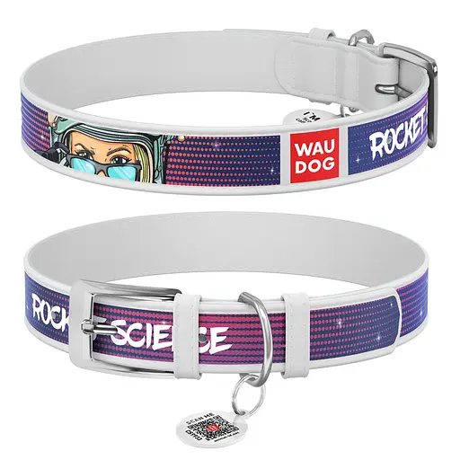 Ошейник для собак кожаный Waudog Design с QR-паспортом "Космос. Ракетостроение" XS Ш 12 мм Д 18-24 см белый