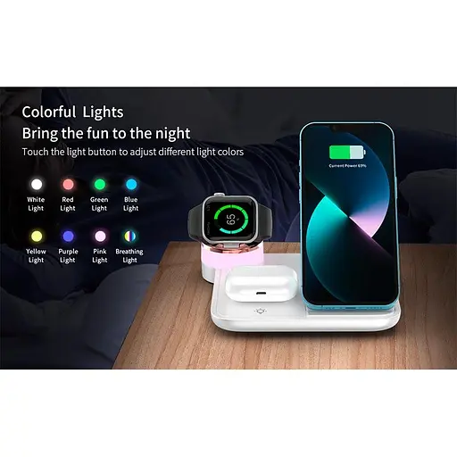Зарядка Qi 4in1 wireless charger RGB X499 для Phone/Watch/Earphones 15W Max чорна - фото 7