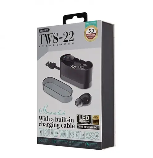 Бездротова Bluetooth стерео гарнітура Remax TWS-22 з кейсом Чорний - фото 9