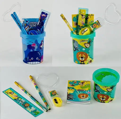 Стакан для ручек пластиковый Животные, с наполнением, 6 предметов - фото 2