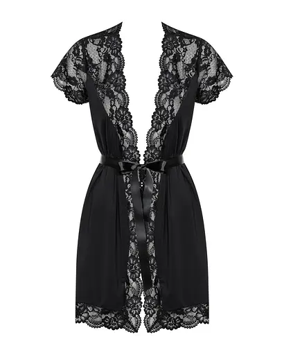 Сатиновый открытый пеньюар на поясе Obsessive 810-PEI-1 peignoir black черный S/M - фото 5