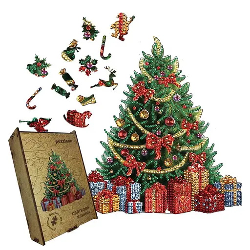 Пазл деревянный Праздничная Елка, А2, 300+ элементов, Деревянная коробка