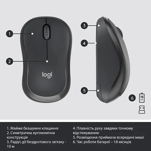 Комплект (Клавіатура та Миша) Logitech MK295 Silent Combo (920-009800) Wireless Graphite - фото 7