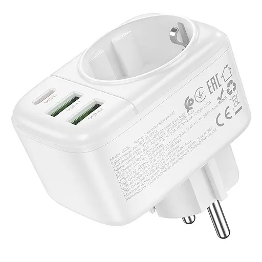 МЗП Hoco AC26 Changer Outlet Extender 20W (2USB-A/1USB-C/1Socket) White - фото 3