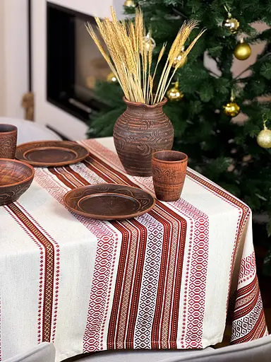 Лляна скатертина різдвяна з українським орнаментом "Промінь (червоний)" - 250х150 см - фото 10