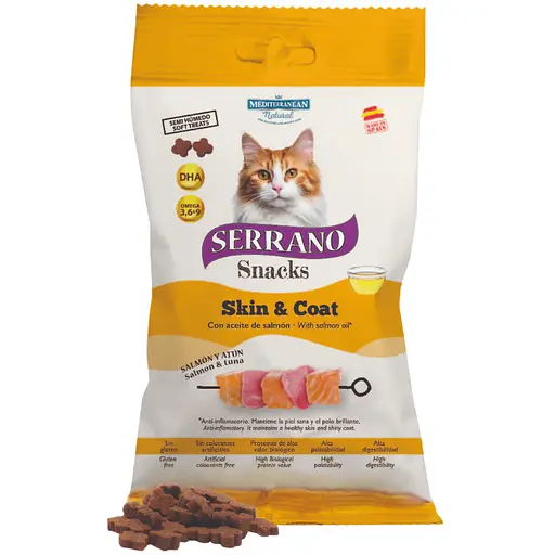 Лакомство натуральное для кошек Serrano из Омега 3+ DHA-кислота с лососем и тунцем 50 г