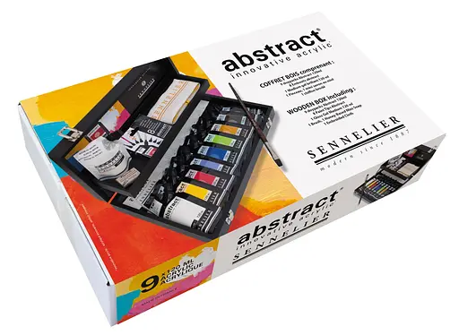 Набор акрила Sennelier Abstract в деревянном пенале, 9 цветов по 120 мл, 8 насадок, медиум, плоская кисть, медовое мыло, ткань, черный черный пенал (N121825.00) - фото 2