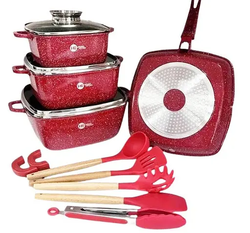 Набор кастрюль со сковородой Top Kitchen TK-000103 с гранитным покрытием 12 предметов Красный - фото 2