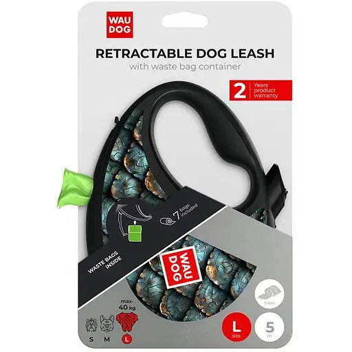 Поводок-рулетка для собак Waudog R-leash с контейнером для пакетов, рисунок "Луска", светоотражающая лента, L - фото 6